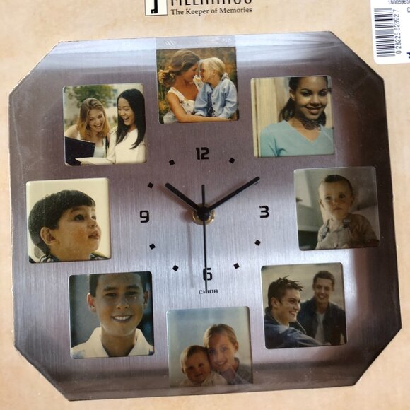 Melannco Silver Aluminum Photo Clock 8 2" x 2" photo openings New NWT 10" x 10" - Picture 1 of 3